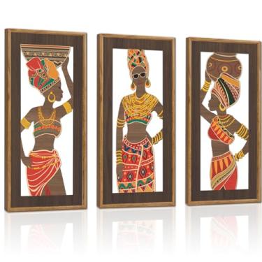 Imagem de KAIRNE Arte de parede abstrata afro-americana, arte preta, decoração de parede de madeira, conjunto de 3 (20 x 40.6 cm), decoração de madeira para mulheres negras, arte tradicional de tribo africana