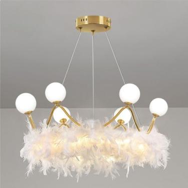 Imagem de Lustre para meninas para quarto, lustre dourado de coroa de princesa, quarto infantil, luminária pendente de pena branca, luminária de teto de vidro leitoso LED para crianças, quarto, berçár