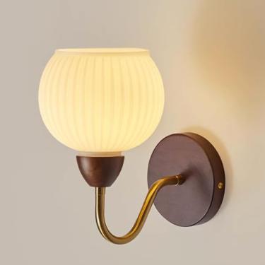 Imagem de Luminária de parede de madeira vintage, luminária de parede de vidro meio globo, dourada, retrô, moderna, decoração para casa, luminária com abajur de vidro listrado branco-leite para sala d