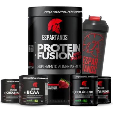 Imagem de Whey Protein Fusion Morango 900g + BCAA 100g + Creatina 100g + Glutamina 100g + Colágeno 100g + Coquteleira - Espartanos