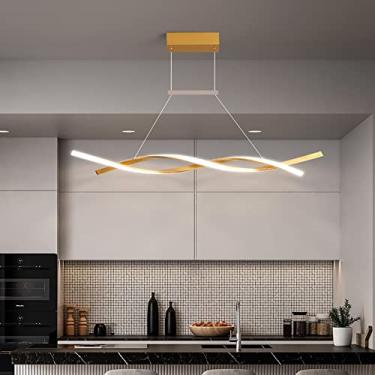 Imagem de Lustre pendente moderno de LED Wave dourado 80x10 cm (31x4 polegadas) com regulagem de intensidade para ilha de cozinha e sala de estar Luminária suspensa minimalista de teto com controle re