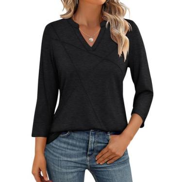 Imagem de Blusa feminina TICTICMISS, manga 3/4, decote em V, preta de verão