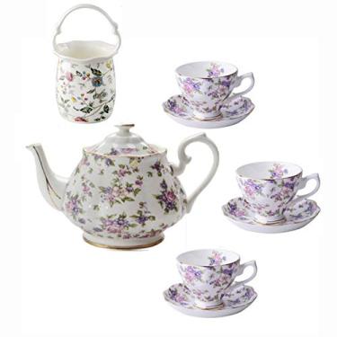 Imagem de Conjunto de chá Xícaras de café e pires Bone China Conjunto de xícara de café rosa Old Country Roses Bule de chá com suporte de colher para chá da tarde, B (A) (B)