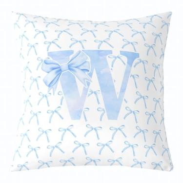 Imagem de Capa de almofada infantil com laço de desenho animado, gravata borboleta azul letra W nó princesa dupla face fronha meninas mulheres, aquarela laço patchwork azul branco cama sofá capa de almofada
