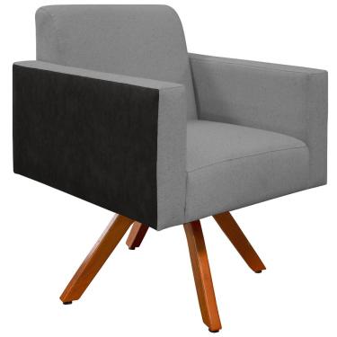 Imagem de Poltrona Decorativa Base Giratória de Madeira Helô Linho Cinza Escuro Couríssimo Preto - Lyam Decor