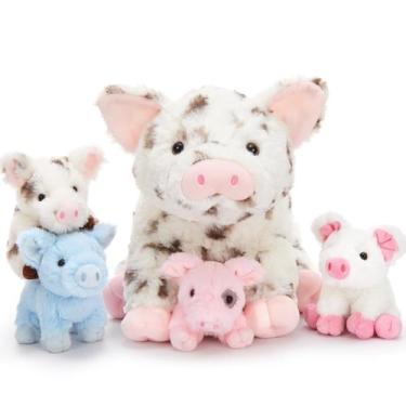 Imagem de Bicho de pelúcia Karister Spotted Pig de 16 cm com 4 porquinhos de pel