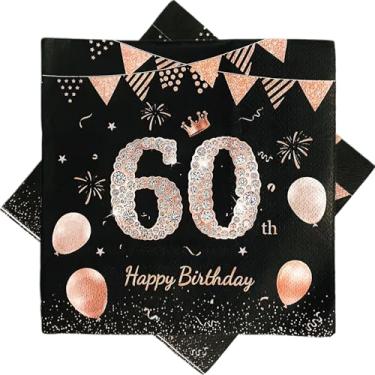 Imagem de Guardanapos de aniversário de 60 anos, 40 peças, ouro preto e rosa, decoração de festa de aniversário de 60 anos, guardanapos de decoração de mesa de aniversário, suprimentos de festa, preto e ouro