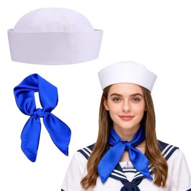 Imagem de LEKTIST Conjunto de fantasia de marinheiro chapéu de capitão branco com cachecol azul marinho para acessórios de fantasia de Halloween