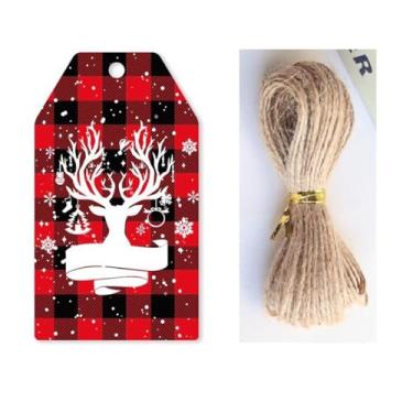 Imagem de 50 etiquetas de presente de papel de Natal com cordas, etiquetas de presente de papel de feliz Natal de 6,9 cm x 4,1 cm, etiquetas de presente com corda para lembrancinhas de festa, sacos pendurados
