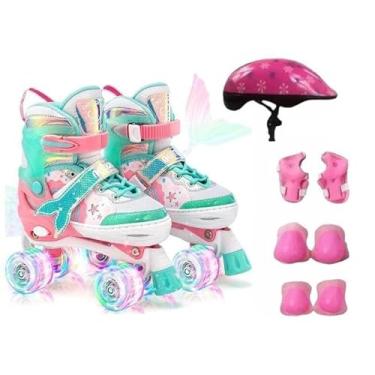 Imagem de Patins Infantil Ajustável com LED, Tema Sereia, 4 Rodas, Rosa e Verde Água, Kit Proteção e Capacete Inclusos, para Crianças (rosa, S-28 ao 32)