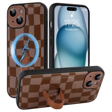Imagem de SOKAD Capa quadriculada magnética para iPhone 15 com suporte de alça de dedo, compatível com Magsafe, lindo tabuleiro de xadrez projetado para mulheres e homens, capa de proteção completa para câmera