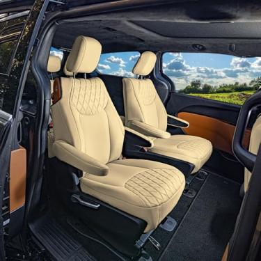 Imagem de FH Group Capa de assento de carro de ajuste personalizado feita especificamente para Chrysler Pacifica 2017-2024 - Conjunto híbrido de 2ª fileira, neoprene ultraflex, bege sólido
