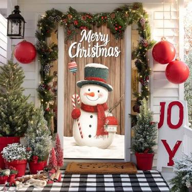 Imagem de BlissYard Capa de porta de Feliz Natal 188 x 89 cm Banners de porta de varanda para decoração de inverno fundo de madeira boneco de neve com bengala doce e casa de pássaro para sinalização de festas