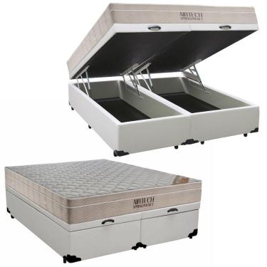Imagem de Cama Box Baú King Sintético Bipartido + Colchão Ortobom Airtech Molas Ensacadas 193x203x65 Cor:branco
