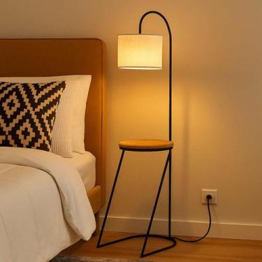 Imagem de Mesa de Cabeceira com Luminária Abajur Integrada Lateral Tampo Madeira