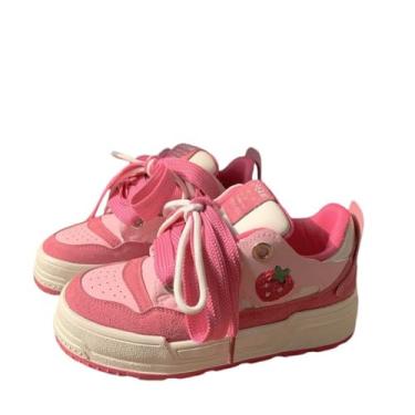 Imagem de BEROBELLO Tênis plataforma rosa morango, tênis casual para caminhada, moda Y2K para mulheres e meninas, Rosa e branco, 36