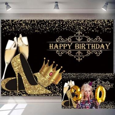 Imagem de 2,1 x 1,5 m Luxuoso Fundo de Feliz Aniversário Dourado Coroa Dourada de Salto Alto Champanhe Diamantes Fotografia Fundo para Decoração de Festa de Aniversário da Rainha Elegante Lady Bday Dinner Photo