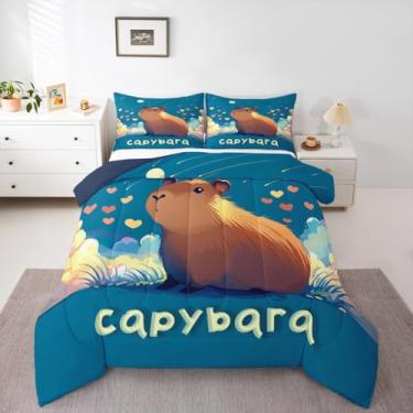 Imagem de Conjunto de edredom solteiro com desenho de capivara, céu estrelado e galáxia, estampa de animais selvagens, estrelas, roedores, animais selvagens, para crianças, meninas, meninos, tema natural