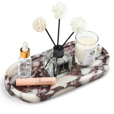 Imagem de Bandeja de banheiro de mármore natural – Bandeja de perfume Moujings genuína para decoração de casa, bandeja de mármore para banheiro organizador de bancada, lenços, velas, café, chave