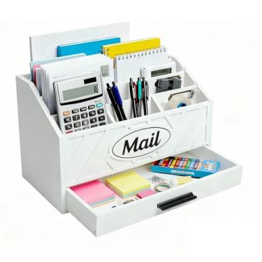 Imagem de Niciksty Organizador de correio de mesa de madeira, organizador de correio bancada com 6 compartimentos e gaveta para escritório escola faturas documentos, organizador de mesa de madeira branca