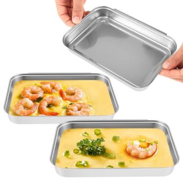 Imagem de Conjunto de 3 bandejas de panificação de aço inoxidável, formas de panificação retangulares empilháveis, seguras para lava-louças e forno, para marinar frango e peixe