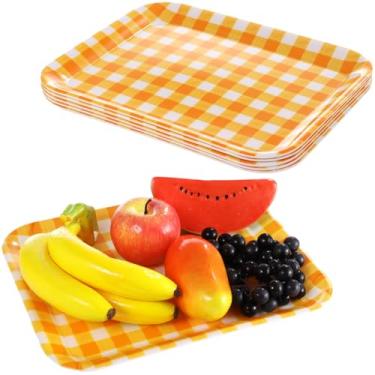 Imagem de Pacote com 6 bandejas de comida de melamina com design xadrez amarelo, travessas grandes de 30 x 25 cm para lanches e aperitivos de festa