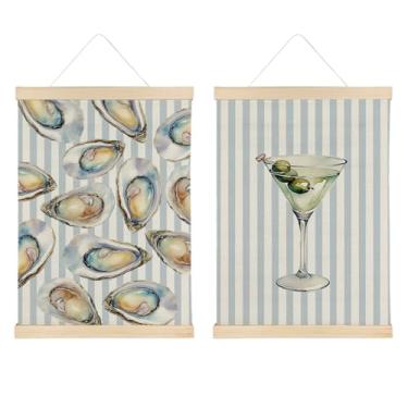 Imagem de ATBWGT Coastal Beach Martini Oyster Wall Art Decor, Light Blue Striped Dirty Martini Cocktail Beach Poster Frame for Home Kitchen Bar Pub Lounge, 30 x 40 cm Conjunto de 2