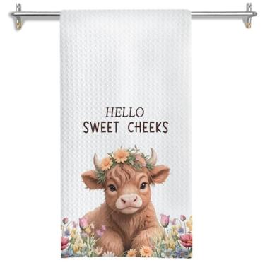 Imagem de GOOZHO Hello Sweet Cheeks Toalhas de Mão de Casa de Banho de Vaca Highland, Presentes para Amantes de Vaca para Mulheres, Farmhouse Wildflower Highland Gado Heifer Toalhas de Mão Decorativas para