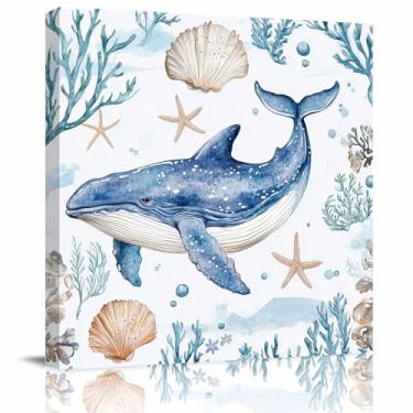 Imagem de LDLYTZXK Arte de parede em tela quadrada de concha de estrela do mar de baleia oceânica, pintura em tela de verão para escritório, sala de estar, quarto, banheiro, arte giclée, moderna, impressões de