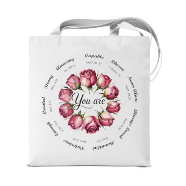 Imagem de KSFFWQIN Sacola de lona Christian You Are para mulheres, meninas, presentes cristãos, inspiradora, bíblia, reutilizável, bolsa de ombro para compras, viagens, trabalho