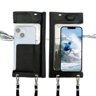 Imagem de GinNini Bolsa de celular à prova d'água à prova d'água para iPhone capa de celular à prova d'água com cordão pequena bolsa à prova d'água protetora de telefone à prova d'água IP68 Max 17.8 cm preta