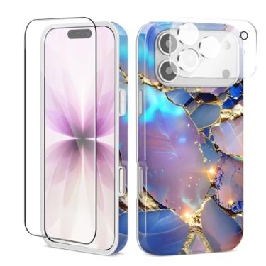 Imagem de QYCFDXD Capa de telefone compatível com iPhone 17 Pro Glitter Mármore, elegante azul pedra da lua, capa de telefone estética protetora para mulheres e meninas de 6,3 polegadas