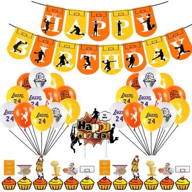 Imagem de Kit de decoração de festa com tema de basquete, 24 unidades de Feliz Aniversário