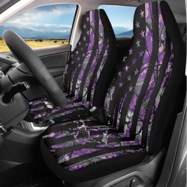 Imagem de gearider Capas de assento de carro à prova d'água para cervos apenas assentos dianteiros bandeira dos EUA 2 peças capa de assento de veículo camuflagem roxa caça capas de assento universais à prova