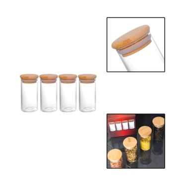 Imagem de Kit 4 Potes Vidro Redondos Temperos Tampa Bambu 100ml