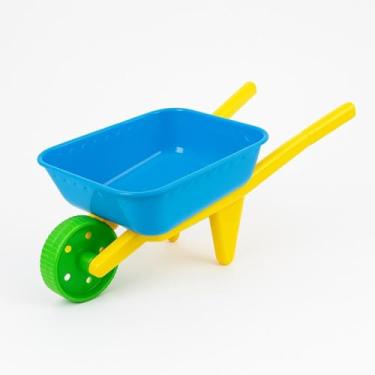 Imagem de Carrinho de Mão Infantil para Praia com Pá e Rastelo, Plástico Resistente, Azul e Amarelo, Brinquedo Educativo