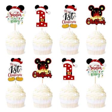 Imagem de Ercadio Pacote com 24 My 1st Christmas Cupcake Toppers Mouse Merry Christmas Cupcake Picks Santa Baby Cake Toppers para Natal Tema de Natal Chá de Bebê Festa de Aniversário Suprimentos de Decoração de