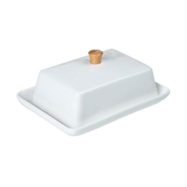 Imagem de Manteigueira Caixa de manteiga de cerâmica simples estilo europeu criativo com tampa placa de manteiga prato de madeira alça lanche placa(8 inch)