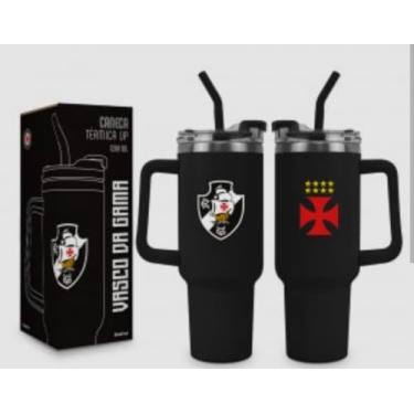 Imagem de Brasfoot Caneca Térmica Up com Tampa Vedada, 1200ml, Preto, Conservação 24h Frio/6h Quente, Vasco, Uso Diário e Estádio, Presente, com Alça e Canudo