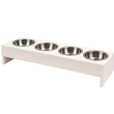 Imagem de Comedouro e Bebedouro Elevado para Cachorros e Gatos – MDF com 4 Tigelas de Inox, Pronto para Uso, Luxo e Sofisticação(Branco)
