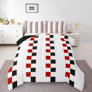 Imagem de jejeloiu Conjunto de edredom xadrez para todas as estações, branco, preto e vermelho, com 1 fronha, microfibra geométrica, roupa de cama solteiro, xadrez, decoração de quarto, edredom respirável
