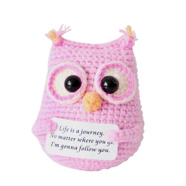 Imagem de 1 peça de presente feito à mão de crochê animal para namorada, namorado, homens, mulheres, apoio emocional, positivo, mini coruja rosa com cartões de afirmação para Natal engraçado ou decoração