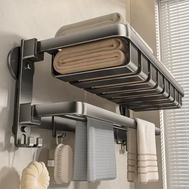 Imagem de Toalheiro de banheiro dobrável – Prateleira de toalha com ventosa com barras duplas e ganchos, sem perfuração, organizador de parede, para banheiros ou apartamentos pequenos, armazenamento com