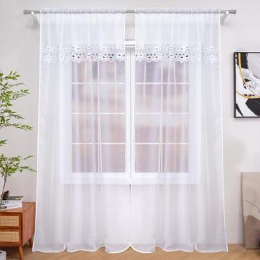Imagem de Cortinas transparentes brancas bordadas florais 213 cm de comprimento, cortinas transparentes de voile bolso para varão, tratamentos de janela com filtragem de luz, casa de fazenda para quarto e sala