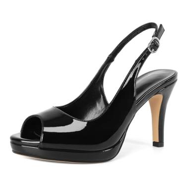 Imagem de Younton escarpim feminino de salto alto stiletto peep toe para mulheres, salto plataforma, salto slingback, salto sexy, salto de 8,5 cm, Preto envernizado., 35