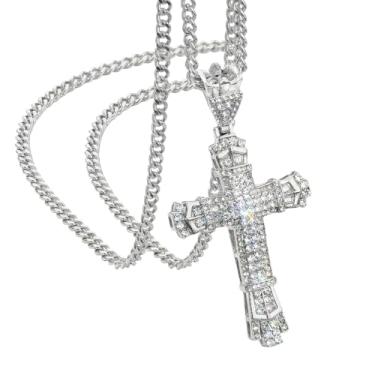 Imagem de KNITUKL Colar de cruz com diamantes, corrente de prata, pingente de aço inoxidável, joia cristã gótica, Large, Acrílico, Diamante