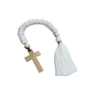 Imagem de Colar Decorativo Cruz Marfim 50cm Artesanal em Algodão Madeira e Sisal para Decoração Boho Rústica Clássica e Minimalista Adorno Versátil para Mesas Bandejas Prateleiras