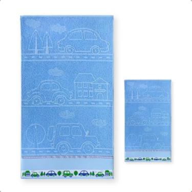 Imagem de KIt Toalha de banho e Toalha Lavabo Infantil Jaquard Com Barra Pinte e Borde (Azul Carrinho)