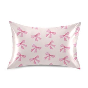 Imagem de SEHANY Capas de almofada de seda com laço rosa para cabelo e pele, capas de almofada de cetim respiráveis macias e refrescantes com fecho de envelope, tamanho king (51 x 66 cm)