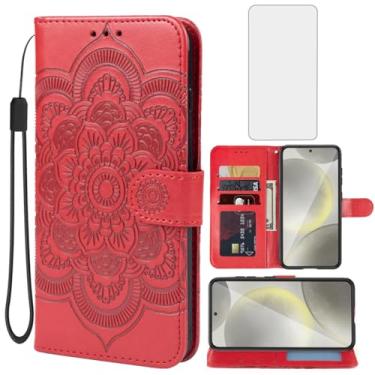 Imagem de Bohefo Capa para Galaxy S25, capa carteira para Samsung S 25 5G com protetor de tela de vidro temperado, suporte para cartão de crédito de couro mandala para Samsung Galaxy S25 vermelho